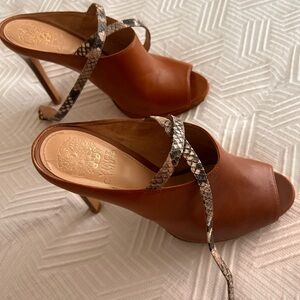 Vince Camuto Dark Carmel Heels with Snake Print Straps.